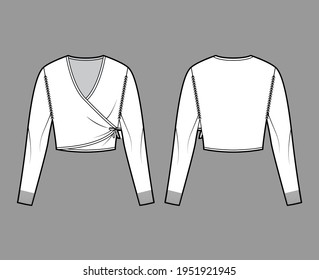 Ilustración técnica de moda de cardigan ballet con cuello V, mangas largas, ajuste delgado, longitud del cultivo, guarnecido de costilla de punto. Delantera de la indumentaria bolero de suéter plano, en la parte posterior, de color blanco. Hombres mujeres unisex maquillaje CAD