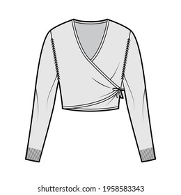 Ballet cardigan technical fashion illustration with V- neck, long sleeves, slim fit, crop length, knit rib trim. Flat Sweater bolero apparel front, grey color style. Women, men unisex CAD mockup