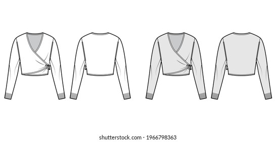 Ballet cardigan technical fashion illustration with V- neck, long sleeves, slim fit, crop length, knit rib trim. Flat Sweater bolero apparel front, back, white grey color style. Women, men CAD mockup