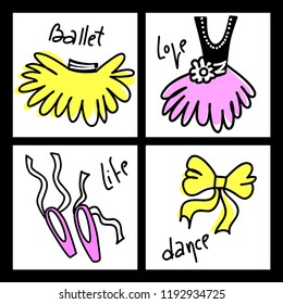 Ballet. Cartoon hand drawn ballroom dancing background. Ballerina symbols in vector