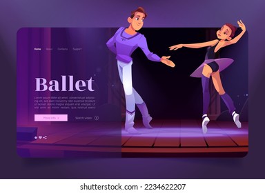 Ballet cartoon landing page with ballerina and dancer man on stage. Invitation to performance or tickets online booking service. Pair of artist on scene, Vector web banner for choreography event promo