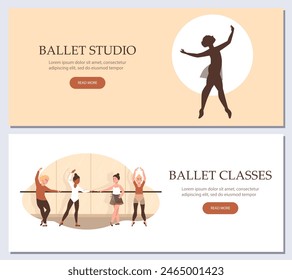 Ballet child. Vector illustration of two banners depicting children doing ballet dancing. Characters in the ballet studio. Introductory flyer with space for text in flat style.