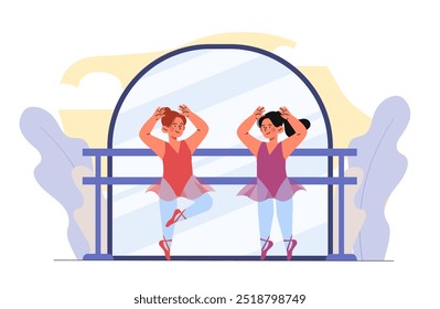 Ballet children concept. Girls in red and purple dresses dancing. Kids tutu dancers. Active lifestyle and training. Hobby and leisure. Flat vector illustration isolated on white background