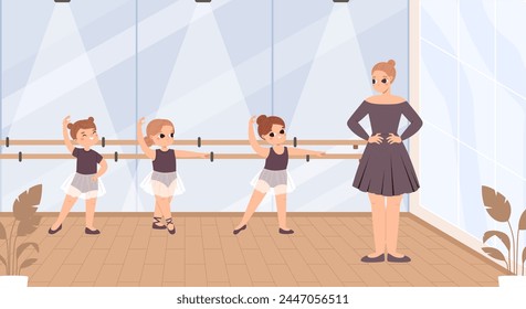 Ballet class. Little ballerinas with teacher on lesson. Classical dance workout for toddlers, training and development for children, snugly vector scene