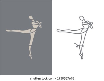 ballet class, one line ballerina vector icon in flat and outline on white and gray background 