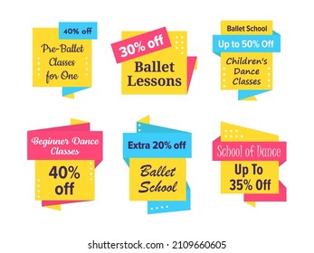 Ballet classes at dance school, advertising emblem. Isolated on white vector illustration set with template sticker element. Ballet school for children offer, decorative badge collection