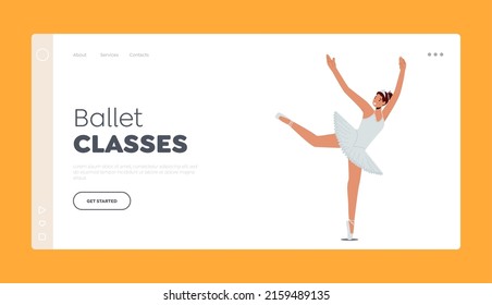 Ballet Classes Landing Page Template. Ballerina Jumping in White Silk Dress and Pointe Shoes, Modern Ballet Dancer Perform in Theater, Girl Practicing Classic Dance. Cartoon People Vector Illustration
