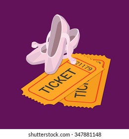 Ballet classic dance show attendance ticket booking flat 3d isometry isometric web site vector template illustration. Ballet shoes flats on two paper tickets. Creative isometric infographic collection