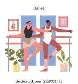 Ballet concept. Two dancers practice at the barre in a studio adorned with music and dance art. Graceful movements in dance rehearsal. Vector illustration.