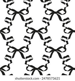 Ballet, coquette core. Black bow knot, ribbon seamless pattern on a white background. Cute trendy design. Funky girly illustration.