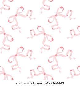 Ballet, coquette core. Pink bow knot, ribbon seamless pattern on a white background. Cute trendy design. Funky girly illustration.