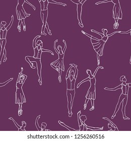 Ballet couple. Dancers on purple background. Abstract silhouette of dancers. Seamless pattern for cloth, wrapping paper.