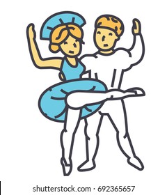 Ballet couple, man and woman dance, ballerina, dancer, dancing concept. Line vector icon. Editable stroke. Flat linear illustration isolated on white background