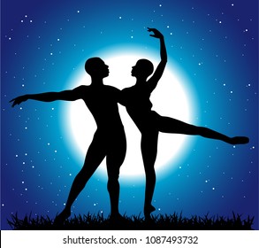 Ballet. Couple - man and woman dancing on night sky background, moon and stars. Vector illustration.