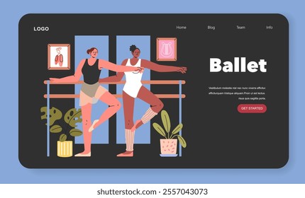 Ballet Dance concept. Two dancers practicing at ballet studio, poised at the barre with plants and framed pointe shoes artwork. Vector illustration.