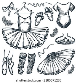 Elementos de diseño de danza ballet aislados de fondo blanco. Esbozo dibujado a mano vectorial ilustración de la vestimenta de bailarina, zapatos de punta, traje de cuerpo y cabeza de tiara