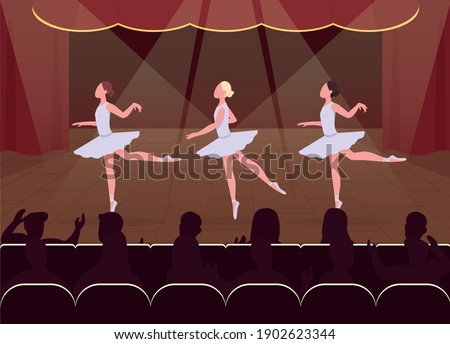 Ballet dance evening flat color vector illustration. Beautiful perfomance event. Goregous laddies dancing in front of crowd 2D cartoon characters with nice decorated stage on background