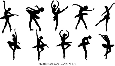 Ballet Dance Figuras silhuetas de bailarinas em um fundo branco.
