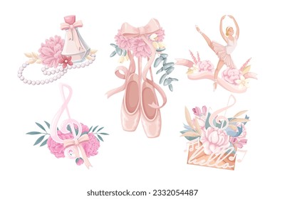 La danza del ballet y las flores ilustran el vector. Caricatura aislada colección de estilo ballet de belleza con bailarina en tutu rosa y puntos, cintas y frasco de perfume, sobre con regalo floral