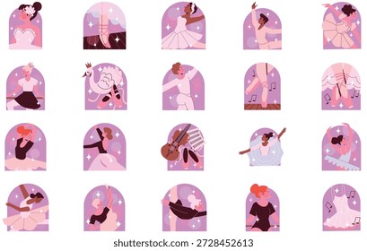 Ilustración vectorial De Ilustraciones De Ballet Y Danza. Plantilla de diseño de símbolos de ilustración para elemento de interfaz de usuario móvil de Web.