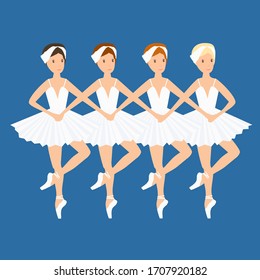 Baile de ballet, pequeños cisnes. Cuatro bailarinas, escenario del lago cisne. Ilustración gráfica vectorial.