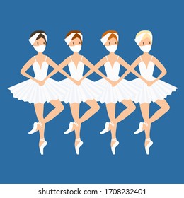 Ballet dance, little swans. Four ballerinas in medical mask, swan lake stage. Vector graphics illustration.