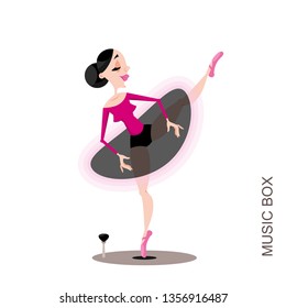 Ballet dance pose. Ballet dancer character in ballerina stage costume. Young slim beautiful brunette woman dancing in a tutu and pointe. Vector illustration in cartoon style.