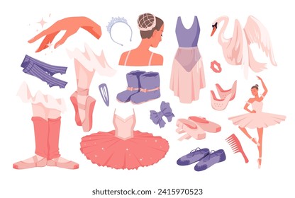 Juego de baile de ballet. Accesorios rosados y azules de colección de bailarinas, bailarina de hadas y elegante vestimenta clásica de bailarina femenina, cisne reina y tiara, ilustración vectorial de gesto mágico