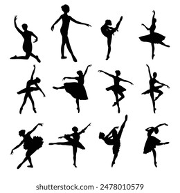 ballet dance silhouette set design, black and white with various styles, editable vector eps 10