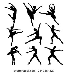 Ballet Dance Silhouettes, Stock Image Silhouette, Graceful Ballerina Poses Isolated on White Background
