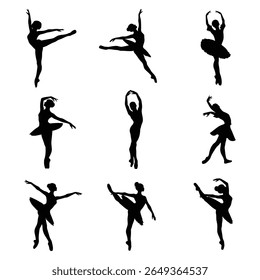 Ballet Dance Silhouettes, Stock Image Silhouette, Graceful Ballerina Poses Isolated on White Background