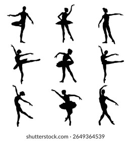 Ballet Dance Silhouettes, Stock Image Silhouette, Graceful Ballerina Poses Isolated on White Background