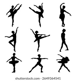 Ballet Dance Silhouettes, Stock Image Silhouette, Graceful Ballerina Poses Isolated on White Background