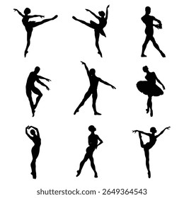 Ballet Dance Silhouettes, Stock Image Silhouette, Graceful Ballerina Poses Isolated on White Background