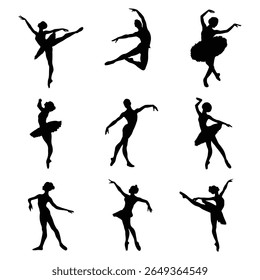 Ballet Dance Silhouettes, Stock Image Silhouette, Graceful Ballerina Poses Isolated on White Background
