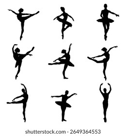 Ballet Dance Silhouettes, Stock Image Silhouette, Graceful Ballerina Poses Isolated on White Background
