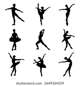 Ballet Dance Silhouettes, Stock Image Silhouette, Graceful Ballerina Poses Isolated on White Background