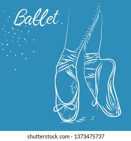 ballet dance studio symbol. Sketch silhouette hand drawn pointes shoes, bow in blye colors.