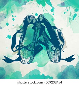 ballet dance studio symbol - vector illustration. Graphic illustration. I love ballet. Pointe shoes on watercolor background