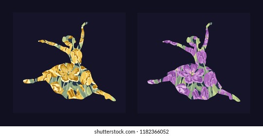 ballet dancer abstract design vector illustration inside silhouette filled up with tulips