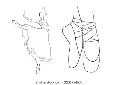 Ballet Dancer Ballerina. Dancer Ballerina Silhouette On A White Background. Ballet Slippers Outline