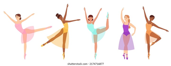 Bailarina de ballet. Hermosa bailarina. Conjunto de mujeres elegantes en vestidos de ballet, ilustración vectorial