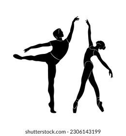 Ballet dancer couple set, full body shape, vector isolated shadow, simple black silhouette icon decoration. Person sign logo design, ballerina fit, beautiful elegant man and 