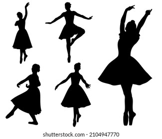 Ballet dancer in different poses and positions, set of vector silhouettes. 