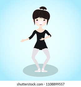 Ballet dancer doing a plie. Cartoon character. Young girl wearing a little black camisole and pointe shoes. Healthy woman training in the ballet class. Fitness illustration. Caucasian ethnicity.