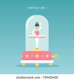 Ballet Dancer Doll Music Box Birthday Vector Greetings Card/ Illustration