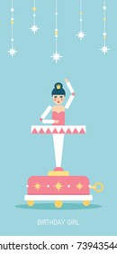 Ballet Dancer Doll Music Box Birthday Vector Greetings Card/ Illustration