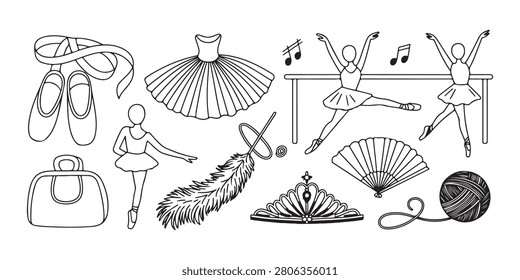 Ballet dancer gear featuring pink pointe shoes tutu dress crown fan and yarn ball hand drawn sketches for crafts.