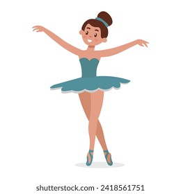 Ballet dancer girl with an aqua green tutu and white ruffles, smiling, with a ponytail hairstyle like a doll, striking ballet poses. Vector illustration.