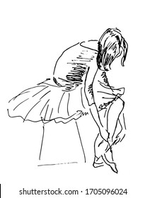 Ballet dancer girl donning pointe shoes. Hand black drawn sketch, vector.